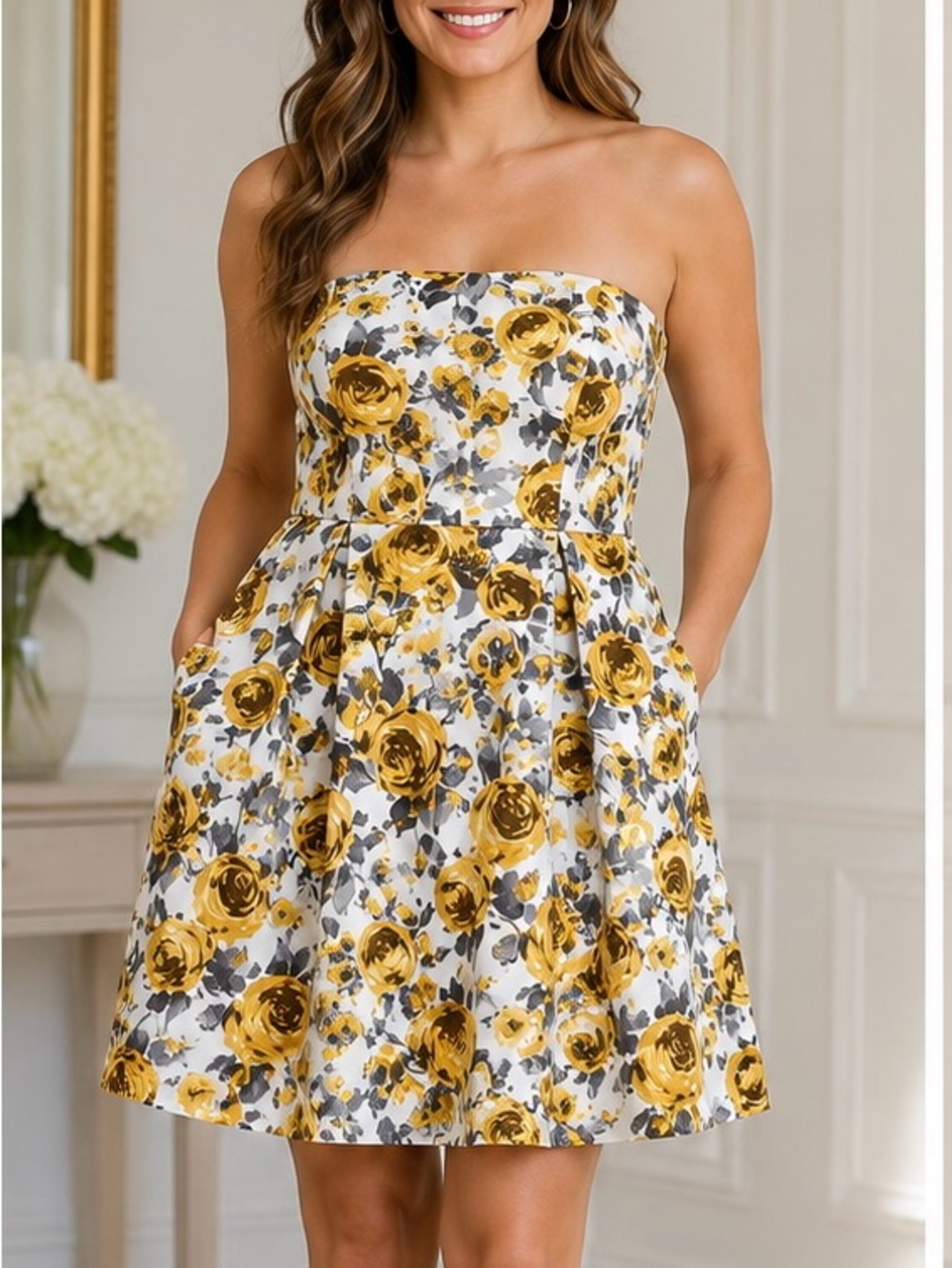 B. Smart Strapless Floral Dress Size 10 Yellow Rose Print Pockets